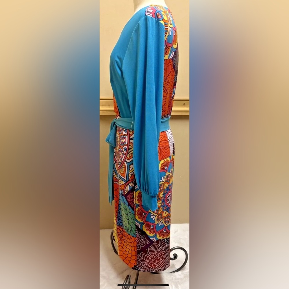 ASHRO Faux Wrap 2 Tone Boho Hippie Mod Print Midi Dress SZ L - Picture 9 of 10